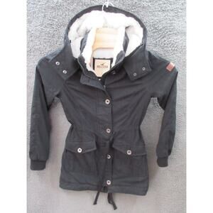 Hollister Jacket Womens Small Black Sherpa Fleece Lined Fish Tail Parka Coat